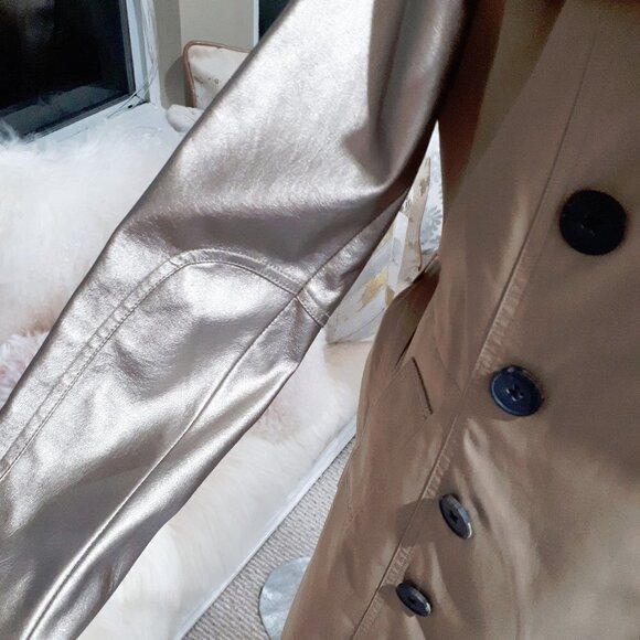 Preloved BCBG belted khaki gold faux leather sleeve trench coat jacket - Picture 14 of 16